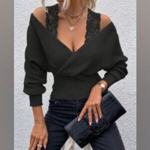 Elegant Off-the-Shoulder Black Sweater with Lace